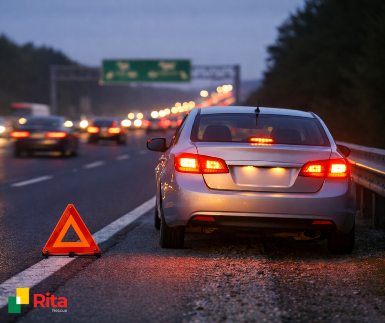 Car with hazard lights stopped on highway shoulder during roadside emergency