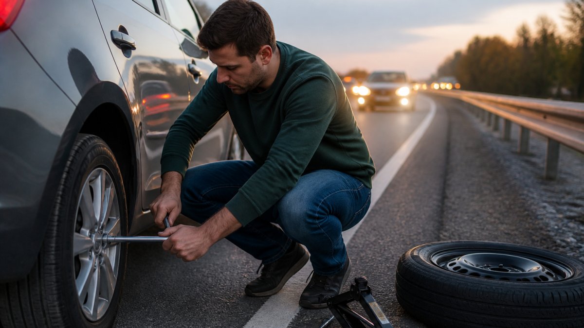 A driver crouching beside a car on a highway shoulder at dusk, hazard lights glowing, loosening lug nuts with a lug wrench while traffic passes in the background