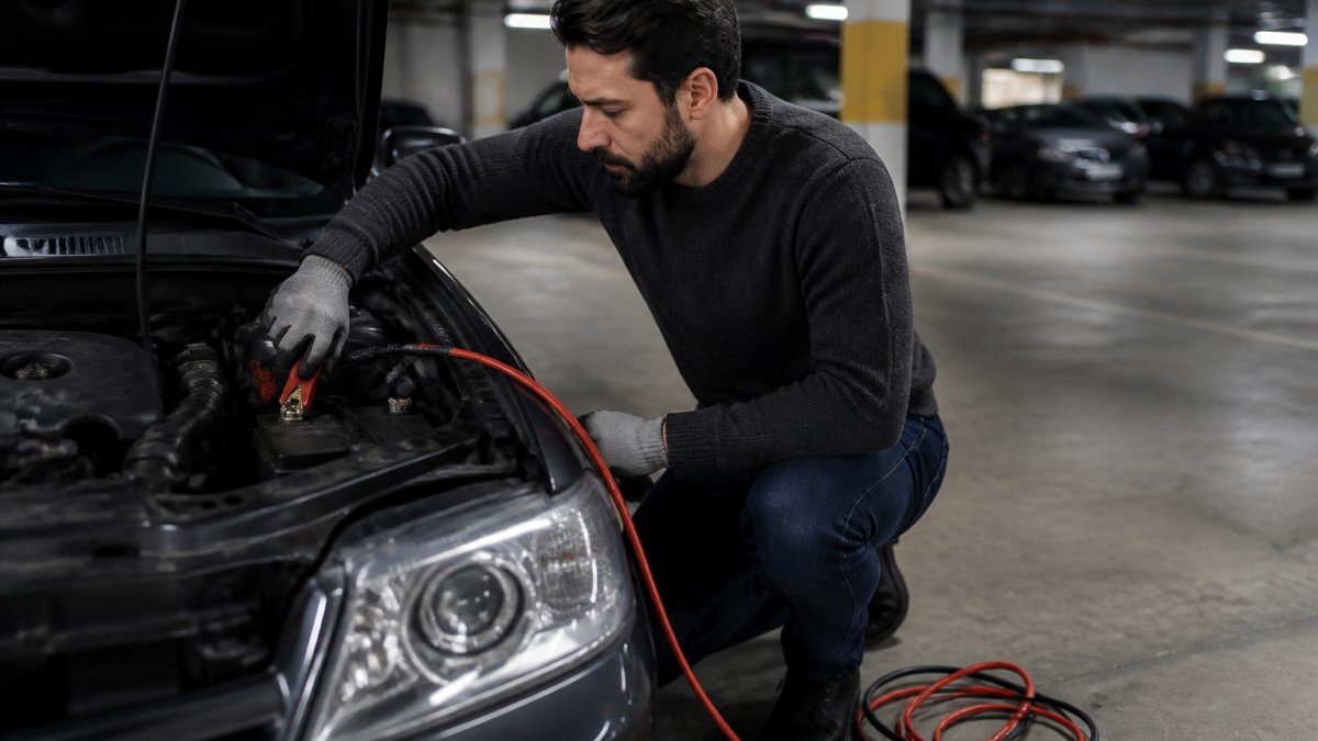 Driver kneeling by an open car hood in a parking garage needing a jump start service for their dead battery