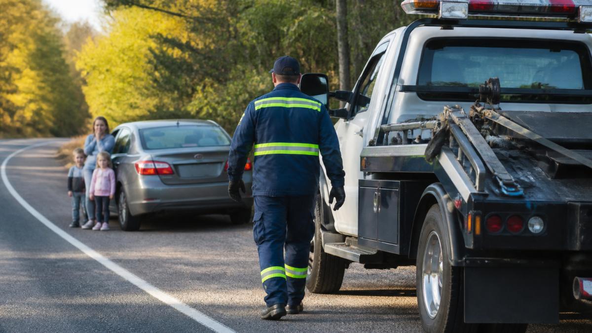 Family in sedan pulled over on roadside during daytime with professional tow truck driver approaching vehicle from behind